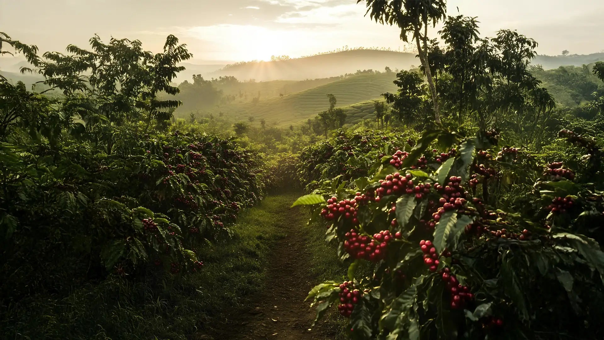 Red coffee bean cluster with green leaves and brown stem.